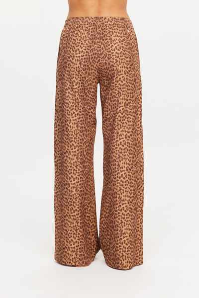 Wide-leg trousers with a brown and tan leopard print pattern, shown on a model from the back against a plain white background.