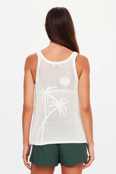 Rear studio view of a model showcasing the open-knit construction and the tonal palm tree graphic knitted into the back of the tank top.