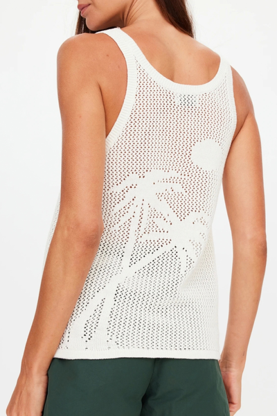 Close-up rear three-quarter view of the open-knit tank top, highlighting the back palm tree and sun pattern detail.
