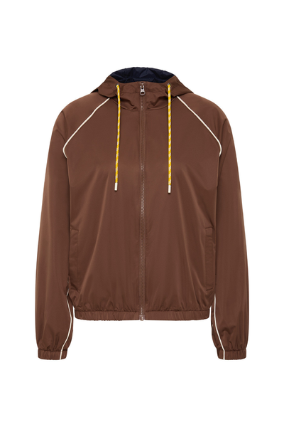A clean product shot of the Lila Zip Through Jacket in chocolate brown against a plain white background. The image clearly displays the jacket's technical details, including the central zipper, raglan sleeve seams highlighted by cream piping, front pockets, and the vibrant yellow drawstring at the hood.