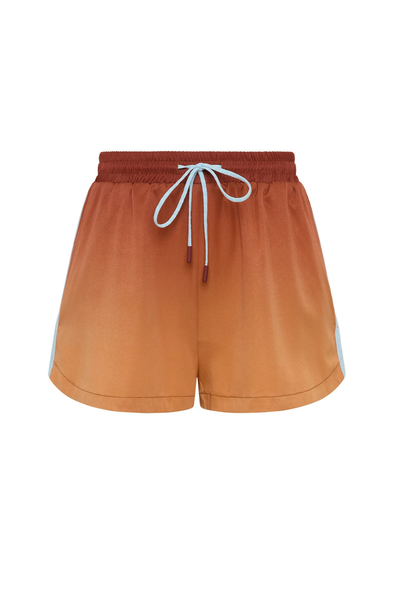 Studio ghost mannequin front view of lightweight recycled nylon running shorts featuring a sunset red-to-orange ombre print and a light blue elastic drawstring with rubber-dipped tips.
