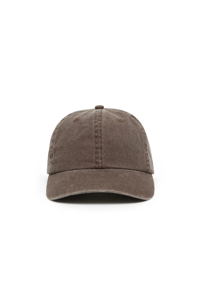 Front-facing studio product shot of the washed brown retro-style soft cotton cap against a clean white background.