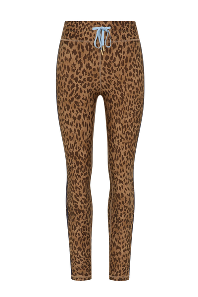 Studio ghost mannequin front view of mid-rise 25-inch leopard print midi leggings featuring a light blue drawstring waistband and contrast navy side binding.