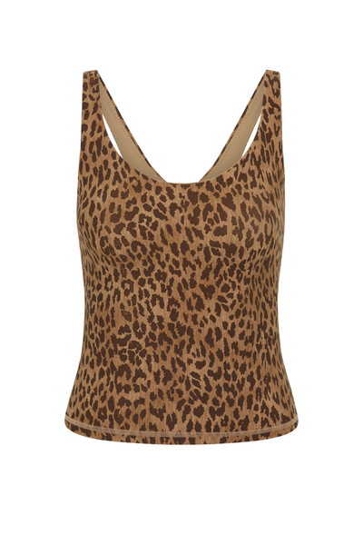 Studio ghost mannequin front view of a fitted scoop neck leopard print activewear tank top showcasing a supportive built-in shelf bra design.