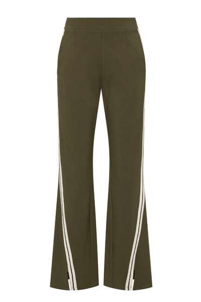 Front view studio product shot of The Upside Petra Flare Pant in Olive featuring an elasticated waist, front leg slits, and cream striped tape side detailing.
