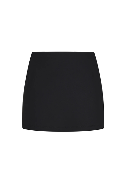 Studio product view of a low-rise black spacer mini skirt made from 3D knitted cushioned fabrication.