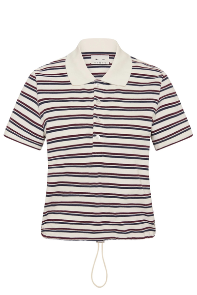 Front flat lay studio shot of The Upside Sophie Cropped Polo Shirt in organic cotton piqué, showcasing the cream ribbed collar, four-button placket, and adjustable drawstring hem.