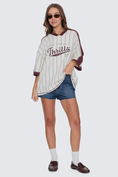 THRILLS - BASELINE STRIPE V-NECK OVERSIZED TEE - BUTTER CREAM - PERTH BOUTIQUE - AUSTRALIAN BOUTIQUE - WA BOUTIQUE - INTERNATIONAL SHIPPING - USA SHIPPING - PERTH STORES - PERTH STORE - AUSTRALIA - WA - WESTER AUSTRALIA - WOMENS FASHION - FASHION - CLOTHING - WA STOCKIST - PERTH STOCKIST - AUSTRALIAN STOCKIST - STOCKIST