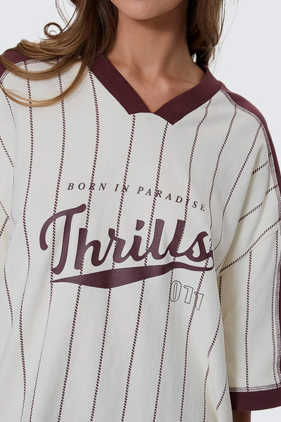 THRILLS - BASELINE STRIPE V-NECK OVERSIZED TEE - BUTTER CREAM - PERTH BOUTIQUE - AUSTRALIAN BOUTIQUE - WA BOUTIQUE - INTERNATIONAL SHIPPING - USA SHIPPING - PERTH STORES - PERTH STORE - AUSTRALIA - WA - WESTER AUSTRALIA - WOMENS FASHION - FASHION - CLOTHING - WA STOCKIST - PERTH STOCKIST - AUSTRALIAN STOCKIST - STOCKIST