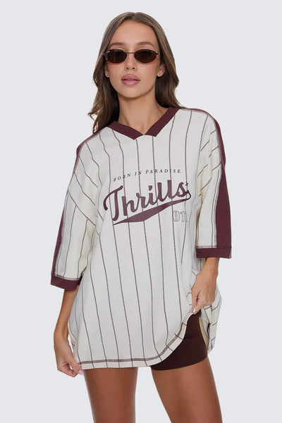 THRILLS - BASELINE STRIPE V-NECK OVERSIZED TEE - BUTTER CREAM - PERTH BOUTIQUE - AUSTRALIAN BOUTIQUE - WA BOUTIQUE - INTERNATIONAL SHIPPING - USA SHIPPING - PERTH STORES - PERTH STORE - AUSTRALIA - WA - WESTER AUSTRALIA - WOMENS FASHION - FASHION - CLOTHING - WA STOCKIST - PERTH STOCKIST - AUSTRALIAN STOCKIST - STOCKIST