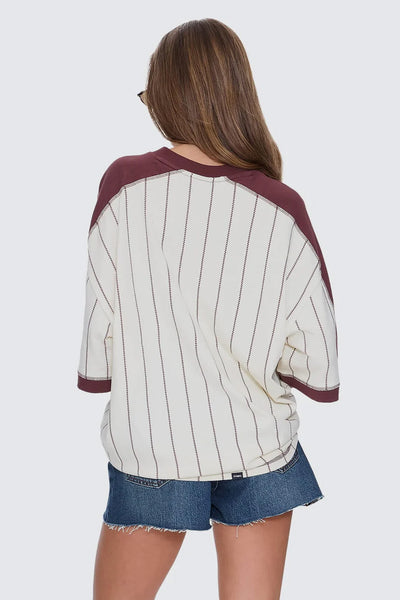 THRILLS - BASELINE STRIPE V-NECK OVERSIZED TEE - BUTTER CREAM - PERTH BOUTIQUE - AUSTRALIAN BOUTIQUE - WA BOUTIQUE - INTERNATIONAL SHIPPING - USA SHIPPING - PERTH STORES - PERTH STORE - AUSTRALIA - WA - WESTER AUSTRALIA - WOMENS FASHION - FASHION - CLOTHING - WA STOCKIST - PERTH STOCKIST - AUSTRALIAN STOCKIST - STOCKIST