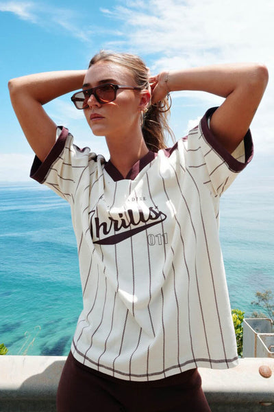 THRILLS - BASELINE STRIPE V-NECK OVERSIZED TEE - BUTTER CREAM - PERTH BOUTIQUE - AUSTRALIAN BOUTIQUE - WA BOUTIQUE - INTERNATIONAL SHIPPING - USA SHIPPING - PERTH STORES - PERTH STORE - AUSTRALIA - WA - WESTER AUSTRALIA - WOMENS FASHION - FASHION - CLOTHING - WA STOCKIST - PERTH STOCKIST - AUSTRALIAN STOCKIST - STOCKIST