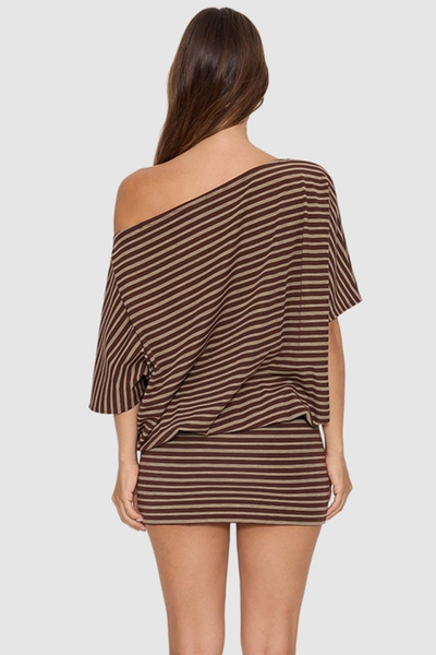 Back view of model wearing the Thrills Best Of Luck Demi Mini Dress in Cocoa, highlighting the off-the-shoulder back neckline, horizontal stripe knit, and fitted mini skirt length.