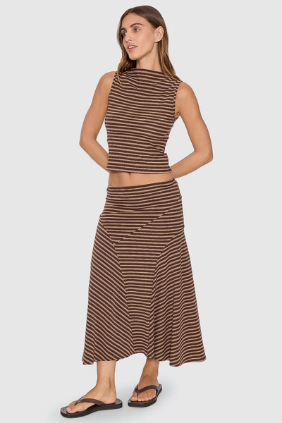 Front studio shot of model posing in the fine-ribbed, cocoa brown striped Thrills Best of Luck Tank with hands behind her back.