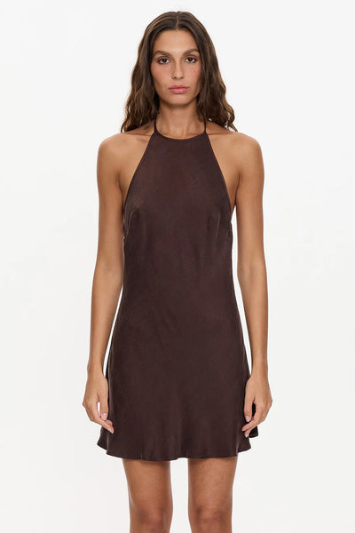 THRILLS - CELESTE BIAS HALTER MINI DRESS - POSTAL BROWN - PERTH BOUTIQUE - AUSTRALIAN BOUTIQUE - WA BOUTIQUE - INTERNATIONAL SHIPPING - USA SHIPPING - PERTH STORES - PERTH STORE - AUSTRALIA - WA - WESTER AUSTRALIA - WOMENS FASHION - FASHION - CLOTHING - WA STOCKIST - PERTH STOCKIST - AUSTRALIAN STOCKIST - STOCKIST