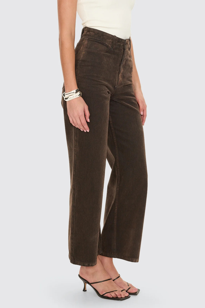 A closer front e-commerce image from the waist down, highlighting the neat placement of the front pockets and the dense, matte velvet texture across the thighs.