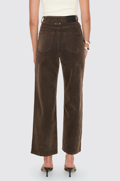 A full back view of the dark chocolate wide-leg jeans on a model, showcasing the deep reverse yoke panel, flattering rear patch pockets, and uniform color depth.
