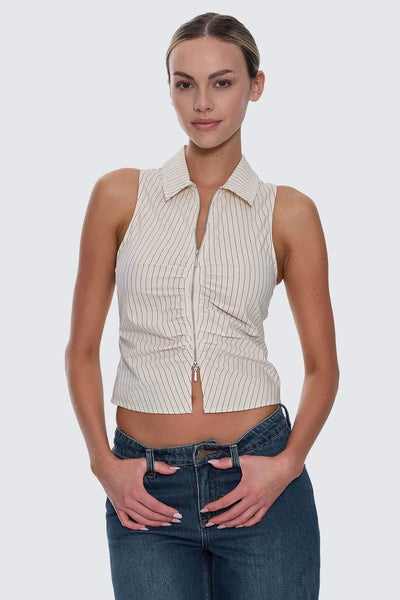 THRILLS - ANDY ZIP SLEEVELESS SHIRT - BUTTER CREAM STRIPE - PERTH BOUTIQUE - AUSTRALIAN BOUTIQUE - WA BOUTIQUE - INTERNATIONAL SHIPPING - USA SHIPPING - PERTH STORES - PERTH STORE - AUSTRALIA - WA - WESTER AUSTRALIA - WOMENS FASHION - FASHION - CLOTHING - WA STOCKIST - PERTH STOCKIST - AUSTRALIAN STOCKIST - STOCKIST
