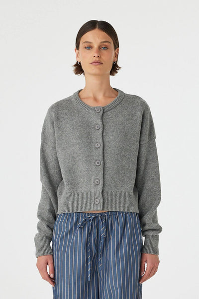 Relaxed-fit Bobby Cardigan in Grey Marle, featuring a classic crew neckline and a tonal button-up front closure.
