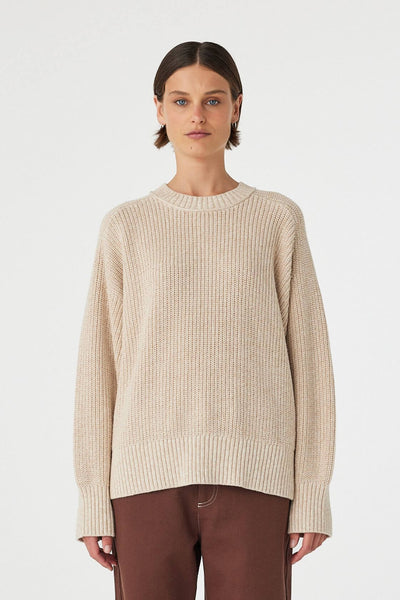 Oversized Solene Sweater in a chunky Cream and Sand mottled knit, featuring a relaxed drape and classic ribbed crew neckline.