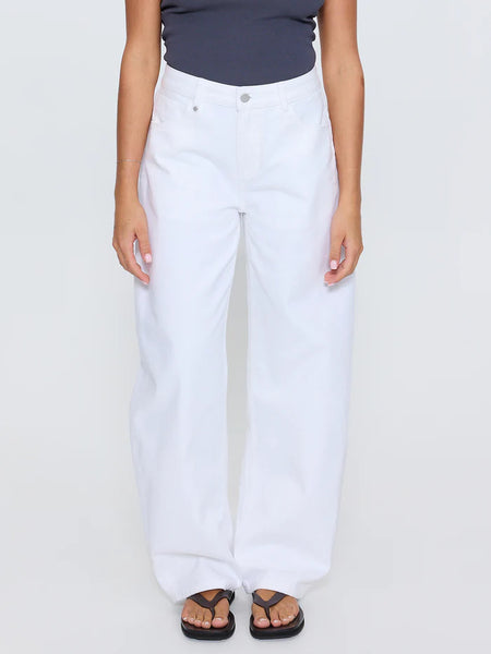 Cropped front view of the Thrills Sloane Low Rise Barrel Jeans in Whiteout, highlighting the low-rise waistband and wide barrel leg fit.