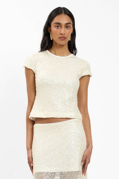 WITH HARPER LU - FITTED TEE - MESH IVORY SEQUIN