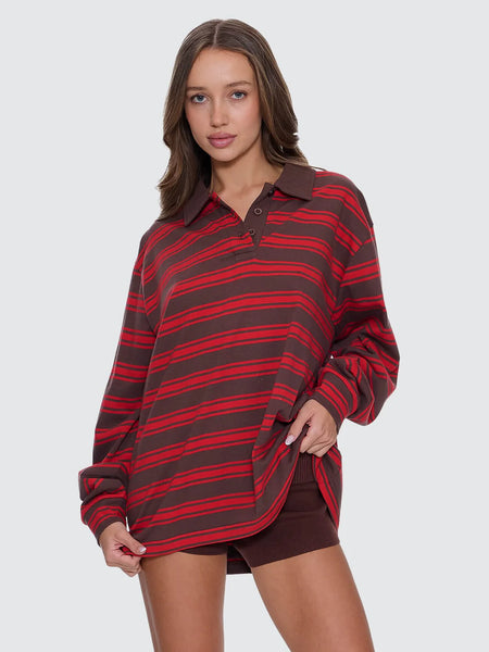 THRILLS -  CONDITIONS APPLY STRIPE LONG SLEEVE POLO - BITTER CHOCOLATE - PERTH BOUTIQUE - AUSTRALIAN BOUTIQUE - WA BOUTIQUE - INTERNATIONAL SHIPPING - USA SHIPPING - PERTH STORES - PERTH STORE - AUSTRALIA - WA - WESTER AUSTRALIA - WOMENS FASHION - FASHION - CLOTHING - JEWELLERY - INSTORE - CLICK AND COLLECT - EXPRESS SHIPPING - LOCAL - WA STOCKIST - PERTH STOCKIST - AUSTRALIAN STOCKIST - STOCKIST