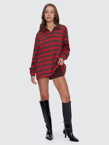 THRILLS -  CONDITIONS APPLY STRIPE LONG SLEEVE POLO - BITTER CHOCOLATE - PERTH BOUTIQUE - AUSTRALIAN BOUTIQUE - WA BOUTIQUE - INTERNATIONAL SHIPPING - USA SHIPPING - PERTH STORES - PERTH STORE - AUSTRALIA - WA - WESTER AUSTRALIA - WOMENS FASHION - FASHION - CLOTHING - JEWELLERY - INSTORE - CLICK AND COLLECT - EXPRESS SHIPPING - LOCAL - WA STOCKIST - PERTH STOCKIST - AUSTRALIAN STOCKIST - STOCKIST