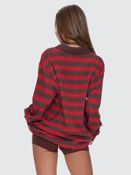 THRILLS -  CONDITIONS APPLY STRIPE LONG SLEEVE POLO - BITTER CHOCOLATE - PERTH BOUTIQUE - AUSTRALIAN BOUTIQUE - WA BOUTIQUE - INTERNATIONAL SHIPPING - USA SHIPPING - PERTH STORES - PERTH STORE - AUSTRALIA - WA - WESTER AUSTRALIA - WOMENS FASHION - FASHION - CLOTHING - JEWELLERY - INSTORE - CLICK AND COLLECT - EXPRESS SHIPPING - LOCAL - WA STOCKIST - PERTH STOCKIST - AUSTRALIAN STOCKIST - STOCKIST