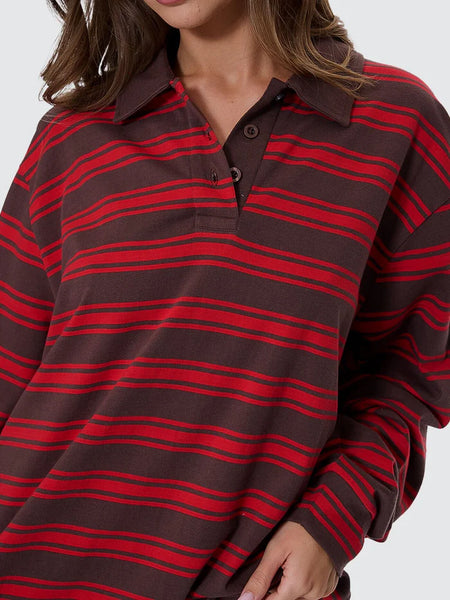 THRILLS -  CONDITIONS APPLY STRIPE LONG SLEEVE POLO - BITTER CHOCOLATE - PERTH BOUTIQUE - AUSTRALIAN BOUTIQUE - WA BOUTIQUE - INTERNATIONAL SHIPPING - USA SHIPPING - PERTH STORES - PERTH STORE - AUSTRALIA - WA - WESTER AUSTRALIA - WOMENS FASHION - FASHION - CLOTHING - JEWELLERY - INSTORE - CLICK AND COLLECT - EXPRESS SHIPPING - LOCAL - WA STOCKIST - PERTH STOCKIST - AUSTRALIAN STOCKIST - STOCKIST