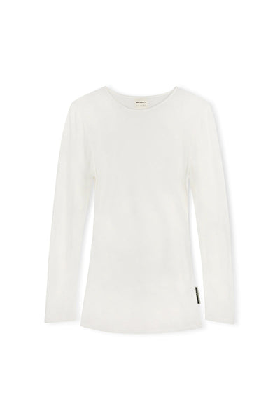 Studio product flat lay of the white Zulu & Zephyr Rib Hemp Jersey Long Sleeve Top featuring a crew neck, long sleeves, and side seam pip tag against a white background.