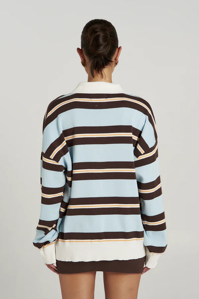 A rear studio product shot of a model presenting the back of the organic cotton Stripe LS Polo, highlighting the horizontal layout of the light blue, brown, and cream stripes, along with the clean cream knit waistband.