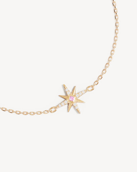 18k gold vermeil star bracelet with lab-grown pink sapphire and cubic zirconia.