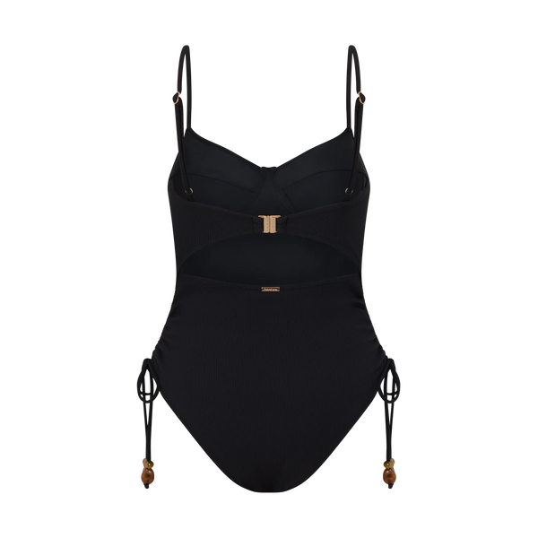 A closer front e-commerce image from the waist up, detailing the fine, flexible texture of the black ribbed fabric and the supportive, built-in sealed bust shelf.
