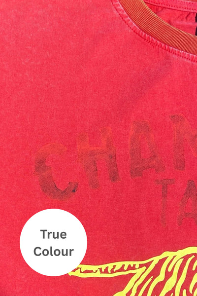 Close-up fabric texture detail showing the true red vintage wash and contrast ribbed neckline of the SABBI Very Oversized Champagne Tattoo Tee.