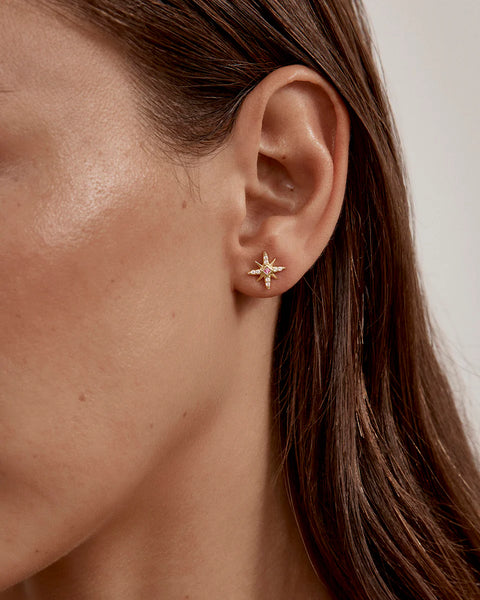 18k gold vermeil star earrings featuring lab-grown pink sapphires and cubic zirconia. Celestial studs for love and connection