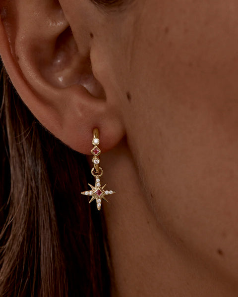 18k gold vermeil celestial hoop earrings with lab-grown pink sapphires and cubic zirconia. Dreamy star charms for a polished look.