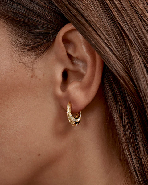 18k gold plated celestial hoop earrings featuring cubic zirconia moon and star charms. A dreamy, polished gift for love and devotion.