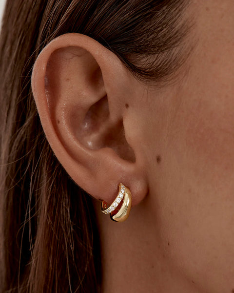 18k gold plated double band illusion hoops with cubic zirconia. A polished everyday staple for love and connection.