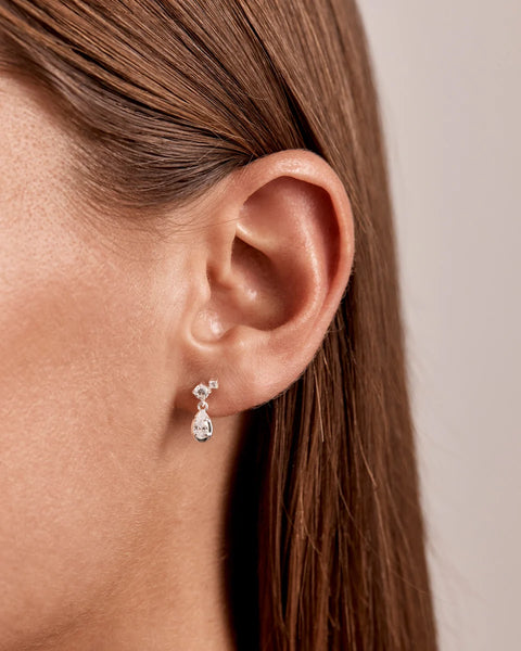 On-model ear profile shot demonstrating the By Charlotte Quiet Radiance Drop Stud Earring in sterling silver styled in a lobe piercing.