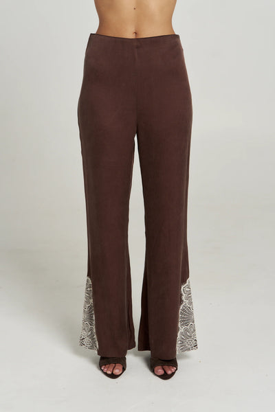 A front-facing studio product shot from the waist down, showcasing the flat front, clean lines, and tailored flared silhouette of the Florence Pant in Espresso.
