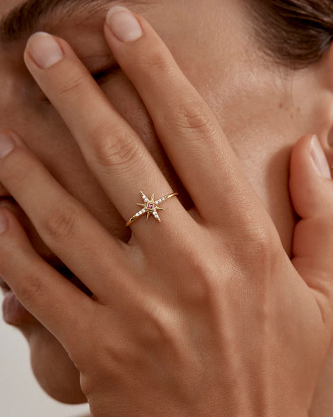 A gold ring with a star design