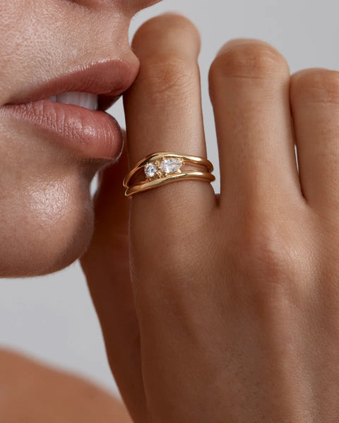 On-model hand view displaying the By Charlotte Celestial Path Ring in 18k gold vermeil, showing how the double band sits on the finger.