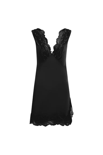 Ghost mannequin display of the ROWIE Annie Silk Mini Dress in Noir against a white background, detailing the deep V-neckline, hand-cut lace trimming, and asymmetrical side split hem.