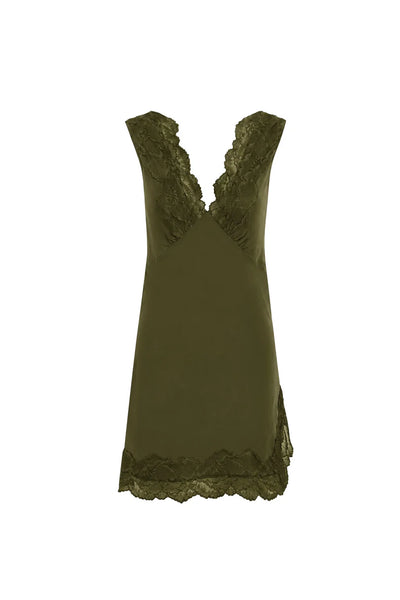 Ghost mannequin display of the ROWIE Annie Silk Mini Dress in Olive on a white background, highlighting the deep V-neckline, floral lace trimming, and vintage-inspired slip silhouette.