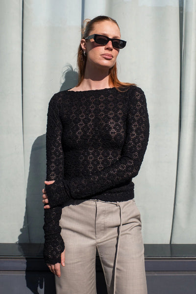SHOP ROWIE SAMANTHA CLOVER LACE TOP IN NOIR ONLINE