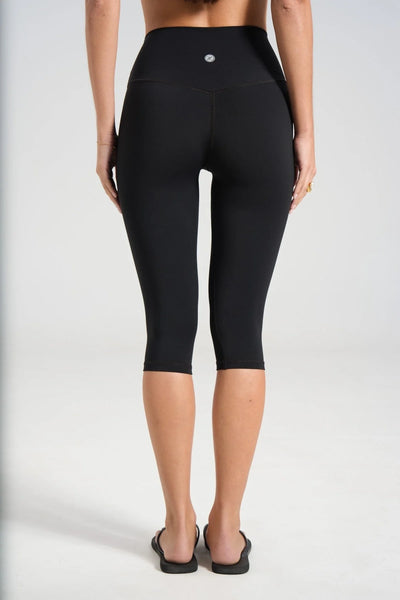 Lower body rear view detailing the high waistband and 3/4 length hem of black activewear capri leggings.