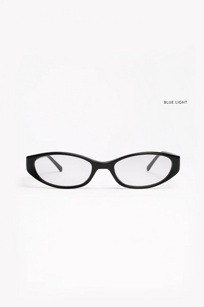 Front view of the SHEVOKE Silon black oval-rectangular glasses featuring clear blue-light blocking lenses and a lightweight acetate frame.