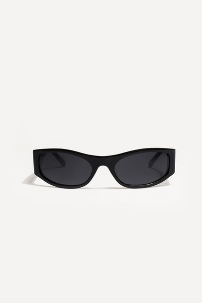 Front studio view of the modern, curved black wrap-around sunglasses against a plain white background.