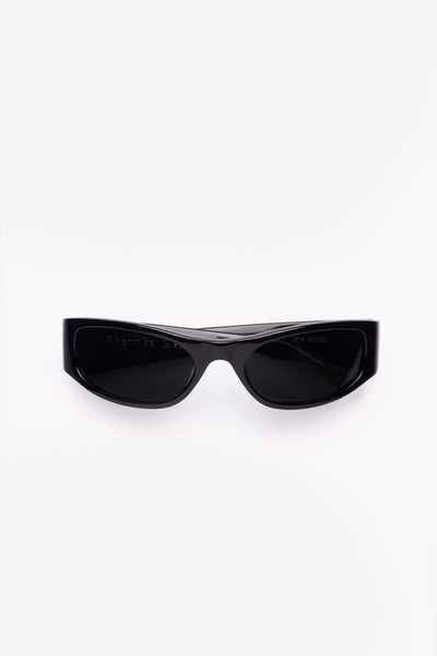 Top-down interior view of the black sunglasses showing gold branding printed along the inner left and right temple arms.